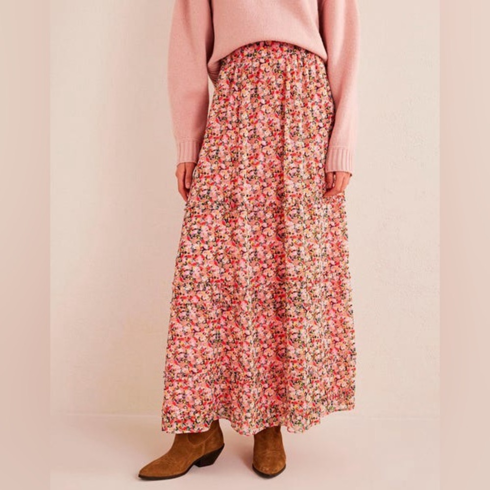 🆕 Boden Pink Multicolor Boho Ruffle Crinkle Maxi Skirt